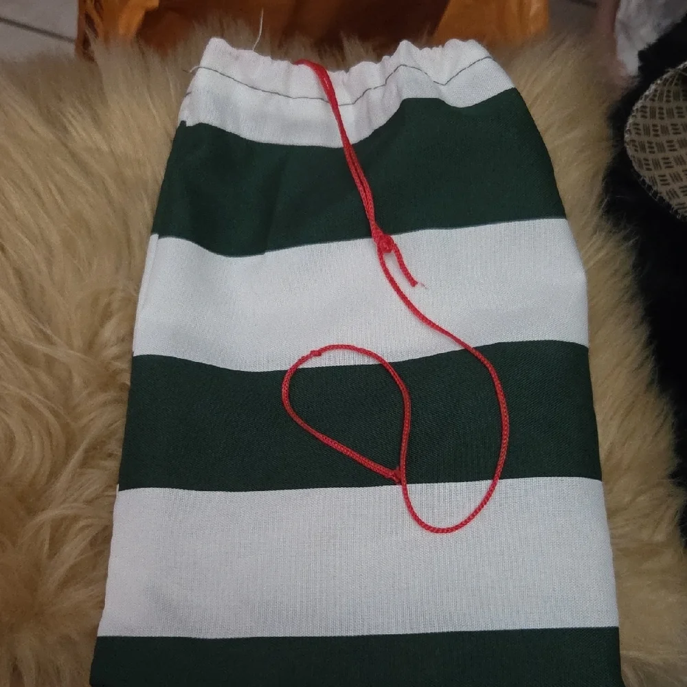 Striped Green & White Drawstring Bag with Red Leaf Burlap Pouch